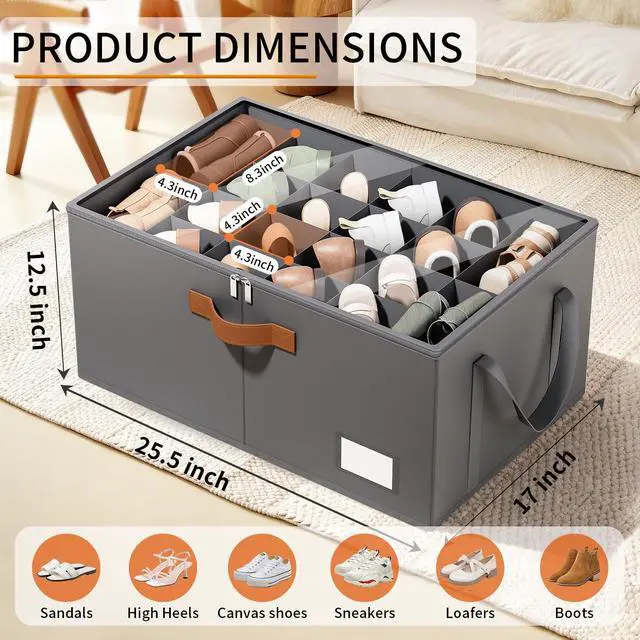Alt view image 2 of 7 - 2 Pack Shoe Organizer for Closet, Foldable Shoe Storage Organizer with Clear Cover, Lable and Reinforced Handles, Space Saving Shoes Box Fits up to 20-40 Pairs, Gray