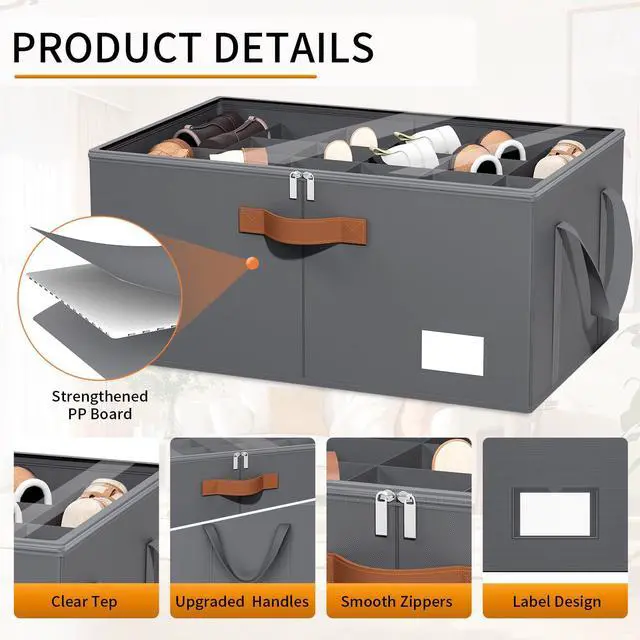 Alt view image 3 of 7 - 2 Pack Shoe Organizer for Closet, Foldable Shoe Storage Organizer with Clear Cover, Lable and Reinforced Handles, Space Saving Shoes Box Fits up to 20-40 Pairs, Gray