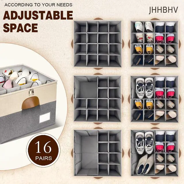 Alt view image 2 of 6 - 2 Pack Shoe Organizer for Closet, Adjustable Shoe Box Storage Containers, Large Foldable Shoe Bins with Clear Cover, Space Saving Shoes Holder with 4 Handles, Fits 16-32 Pairs, Beige