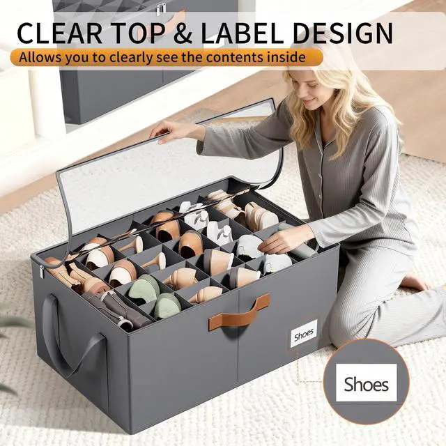 Alt view image 4 of 7 - 2 Pack Shoe Organizer for Closet, Foldable Shoe Storage Organizer with Clear Cover, Lable and Reinforced Handles, Space Saving Shoes Box Fits up to 20-40 Pairs, Gray
