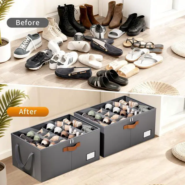Alt view image 6 of 7 - 2 Pack Shoe Organizer for Closet, Foldable Shoe Storage Organizer with Clear Cover, Lable and Reinforced Handles, Space Saving Shoes Box Fits up to 20-40 Pairs, Gray