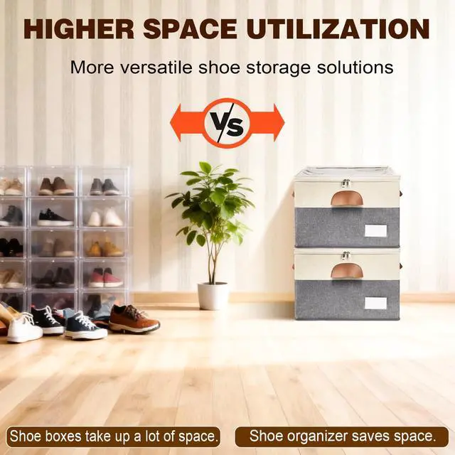 Alt view image 4 of 6 - 2 Pack Shoe Organizer for Closet, Adjustable Shoe Box Storage Containers, Large Foldable Shoe Bins with Clear Cover, Space Saving Shoes Holder with 4 Handles, Fits 16-32 Pairs, Beige