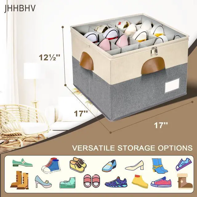 Alt view image 6 of 6 - 2 Pack Shoe Organizer for Closet, Adjustable Shoe Box Storage Containers, Large Foldable Shoe Bins with Clear Cover, Space Saving Shoes Holder with 4 Handles, Fits 16-32 Pairs, Beige