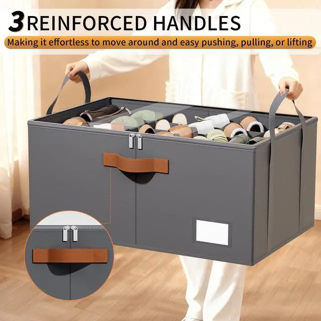 Alt view image 5 of 7 - 2 Pack Shoe Organizer for Closet, Foldable Shoe Storage Organizer with Clear Cover, Lable and Reinforced Handles, Space Saving Shoes Box Fits up to 20-40 Pairs, Gray
