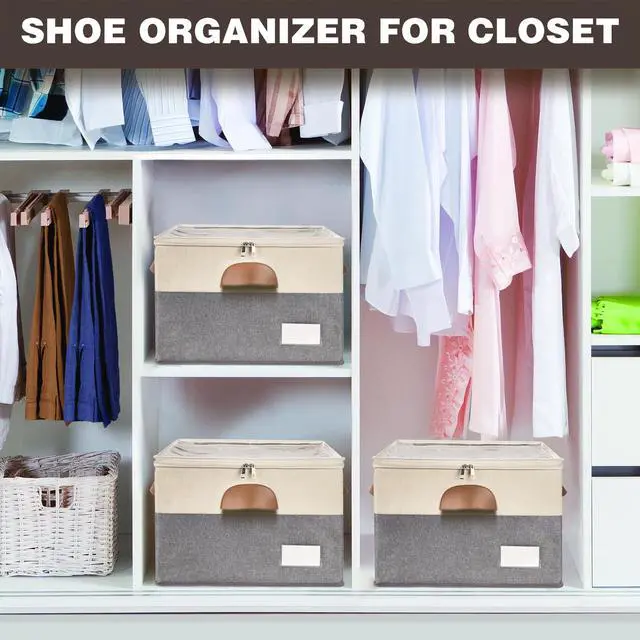 Alt view image 5 of 6 - 2 Pack Shoe Organizer for Closet, Adjustable Shoe Box Storage Containers, Large Foldable Shoe Bins with Clear Cover, Space Saving Shoes Holder with 4 Handles, Fits 16-32 Pairs, Beige