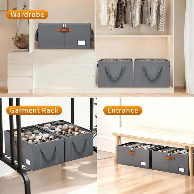 Alt view image 7 of 7 - 2 Pack Shoe Organizer for Closet, Foldable Shoe Storage Organizer with Clear Cover, Lable and Reinforced Handles, Space Saving Shoes Box Fits up to 20-40 Pairs, Gray