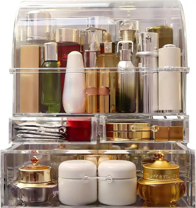 Main image of Clear Large Acrylic Makeup Organizer With Lid Cosmetic Storage Drawers Portable Makeup Organizers Dustproof And Waterproof Box For Women (14in)
