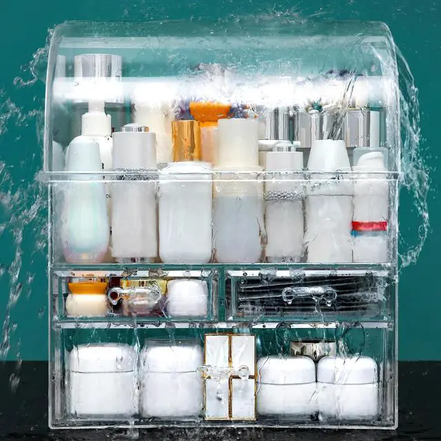 Alt view image 5 of 7 - Clear Large Acrylic Makeup Organizer With Lid Cosmetic Storage Drawers Portable Makeup Organizers Dustproof And Waterproof Box For Women (14in)