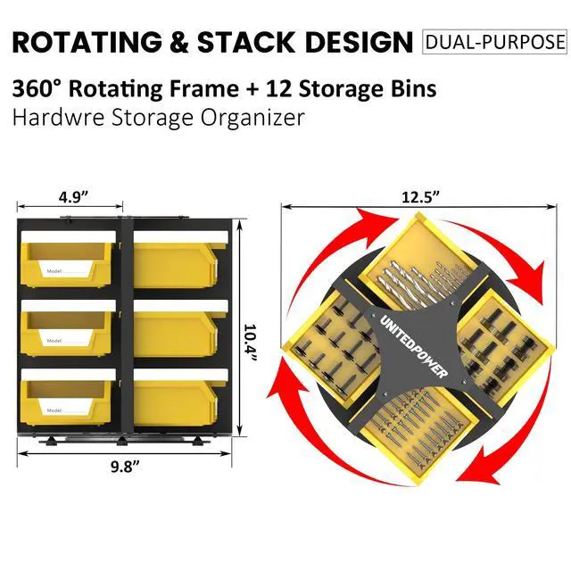 Alt view image 3 of 7 - Rotating Storage Bins, Tool Organizer, Hardware Crafts, Small Parts, Nuts and Bolts, Revolving 12 Bins Storage for Workshop, Shed, Garage, Home