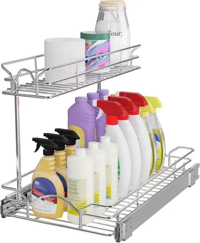 Main image of Under Sink Cabinet Organizer Two Tier Pull Out Shelf (14.75W x 17D), Under Sink Sliding Shelf for Kitchen Bathroom Cabinet 2 Tier Chrome