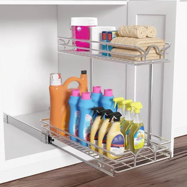 Alt view image 2 of 7 - Under Sink Cabinet Organizer Two Tier Pull Out Shelf (14.75W x 17D), Under Sink Sliding Shelf for Kitchen Bathroom Cabinet 2 Tier Chrome