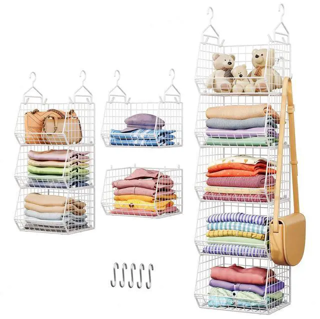 Main image of 5 Tier Closet Hanging Organizer, Clothes Hanging Shelves with 4 Hanging Hooks 5 S Hooks, Wire Storage Basket Bins, for Clothing Sweaters Shoes Handbags Clutches Accessories Patent Design-White