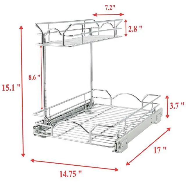 Alt view image 3 of 7 - Under Sink Cabinet Organizer Two Tier Pull Out Shelf (14.75W x 17D), Under Sink Sliding Shelf for Kitchen Bathroom Cabinet 2 Tier Chrome
