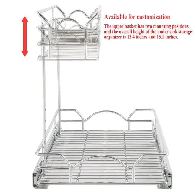 Alt view image 5 of 7 - Under Sink Cabinet Organizer Two Tier Pull Out Shelf (14.75W x 17D), Under Sink Sliding Shelf for Kitchen Bathroom Cabinet 2 Tier Chrome