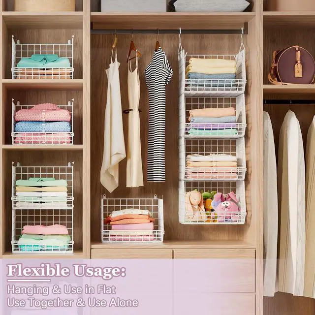 Alt view image 3 of 7 - 5 Tier Closet Hanging Organizer, Clothes Hanging Shelves with 4 Hanging Hooks 5 S Hooks, Wire Storage Basket Bins, for Clothing Sweaters Shoes Handbags Clutches Accessories Patent Design-White