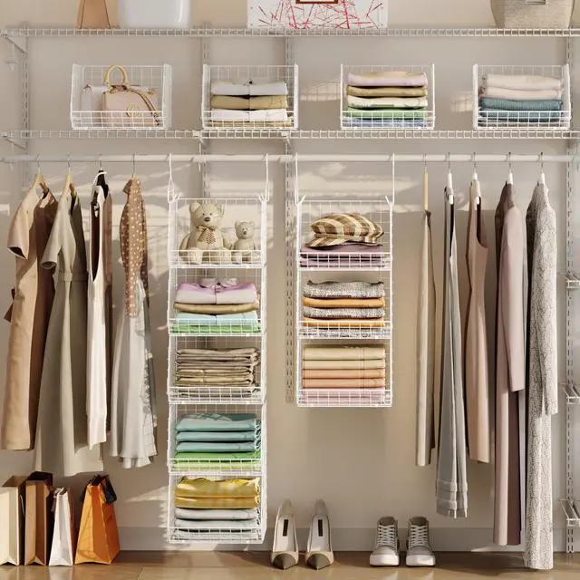 Alt view image 2 of 7 - 5 Tier Closet Hanging Organizer, Clothes Hanging Shelves with 4 Hanging Hooks 5 S Hooks, Wire Storage Basket Bins, for Clothing Sweaters Shoes Handbags Clutches Accessories Patent Design-White