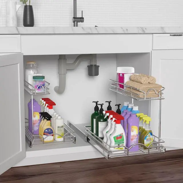 Alt view image 7 of 7 - Under Sink Cabinet Organizer Two Tier Pull Out Shelf (14.75W x 17D), Under Sink Sliding Shelf for Kitchen Bathroom Cabinet 2 Tier Chrome