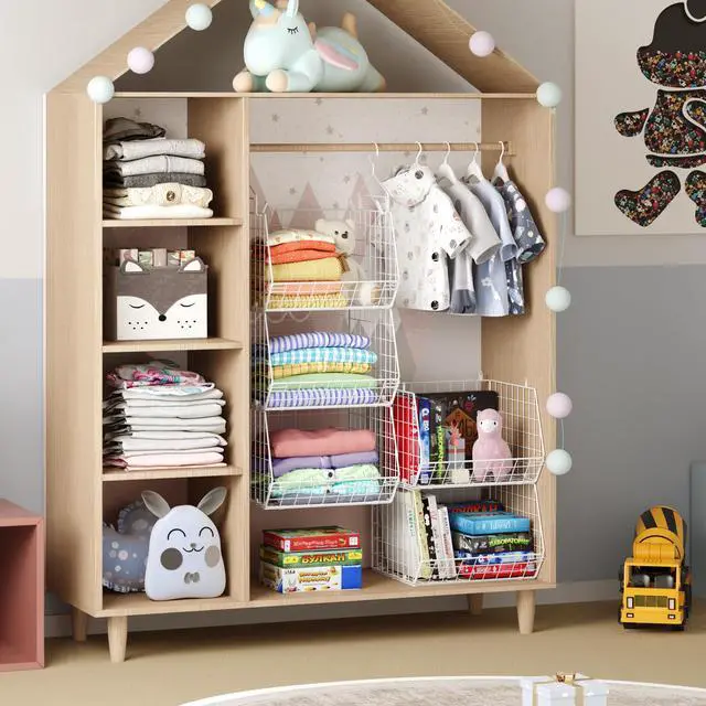 Alt view image 4 of 7 - 5 Tier Closet Hanging Organizer, Clothes Hanging Shelves with 4 Hanging Hooks 5 S Hooks, Wire Storage Basket Bins, for Clothing Sweaters Shoes Handbags Clutches Accessories Patent Design-White