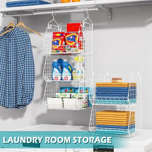 Alt view image 5 of 7 - 5 Tier Closet Hanging Organizer, Clothes Hanging Shelves with 4 Hanging Hooks 5 S Hooks, Wire Storage Basket Bins, for Clothing Sweaters Shoes Handbags Clutches Accessories Patent Design-White