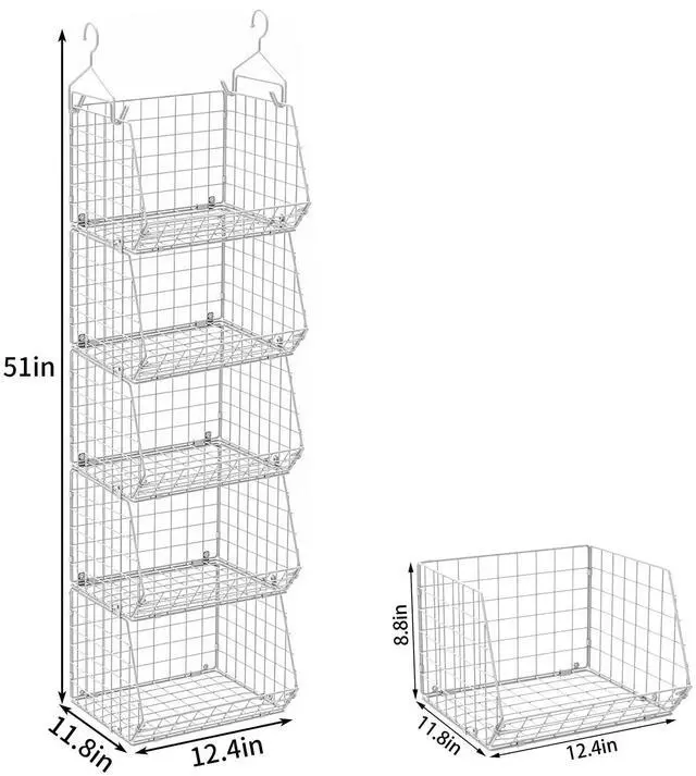 Alt view image 7 of 7 - 5 Tier Closet Hanging Organizer, Clothes Hanging Shelves with 4 Hanging Hooks 5 S Hooks, Wire Storage Basket Bins, for Clothing Sweaters Shoes Handbags Clutches Accessories Patent Design-White