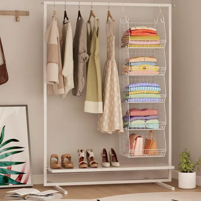 Alt view image 6 of 7 - 5 Tier Closet Hanging Organizer, Clothes Hanging Shelves with 4 Hanging Hooks 5 S Hooks, Wire Storage Basket Bins, for Clothing Sweaters Shoes Handbags Clutches Accessories Patent Design-White