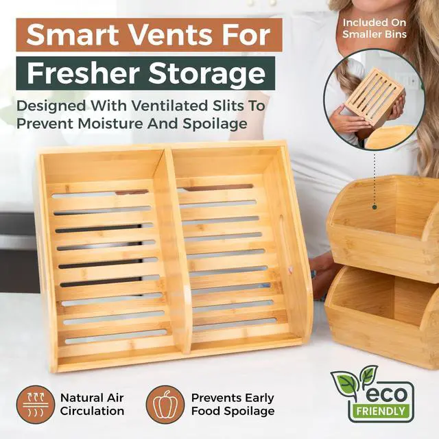 Alt view image 3 of 7 - Potato and Onion Storage Bin for Pantry and Kitchen Counter - Ventilated Stackable Bamboo Organizer Baskets with Handles