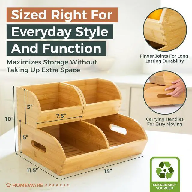 Alt view image 5 of 7 - Potato and Onion Storage Bin for Pantry and Kitchen Counter - Ventilated Stackable Bamboo Organizer Baskets with Handles