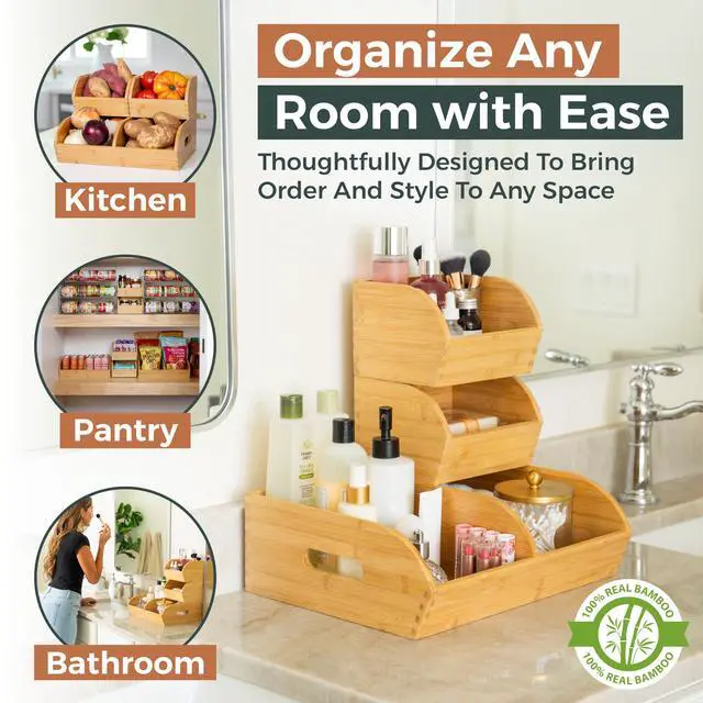 Alt view image 4 of 7 - Potato and Onion Storage Bin for Pantry and Kitchen Counter - Ventilated Stackable Bamboo Organizer Baskets with Handles