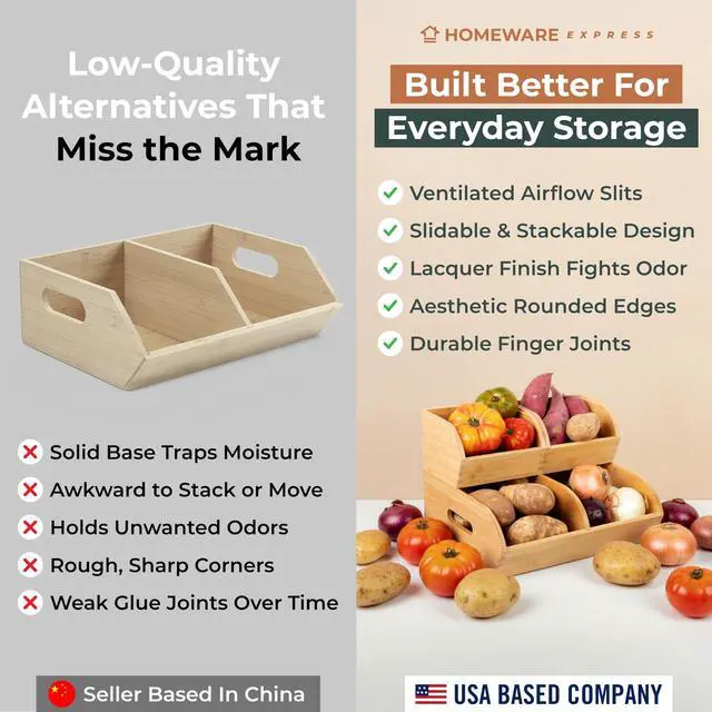 Alt view image 6 of 7 - Potato and Onion Storage Bin for Pantry and Kitchen Counter - Ventilated Stackable Bamboo Organizer Baskets with Handles