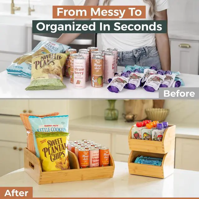 Alt view image 7 of 7 - Potato and Onion Storage Bin for Pantry and Kitchen Counter - Ventilated Stackable Bamboo Organizer Baskets with Handles