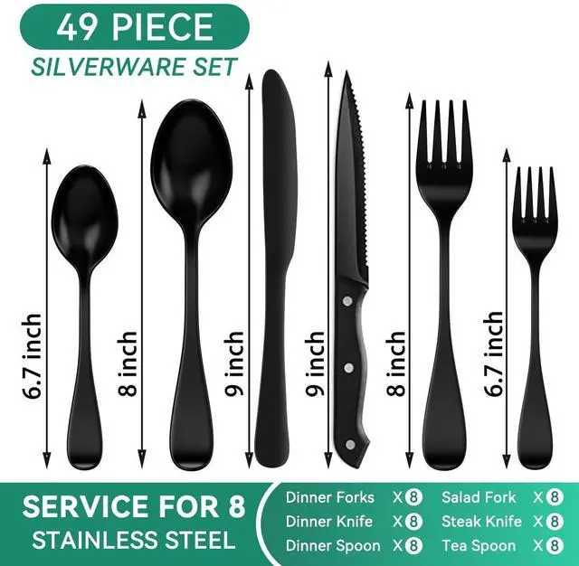 Alt view image 2 of 7 - 49 Pieces Black Silverware Set with Steak Knives, Stainless Steel Silverware with Organizer Flatware Utensils Set for 8, Forks and Spoons Silverware Set Cutlery Set