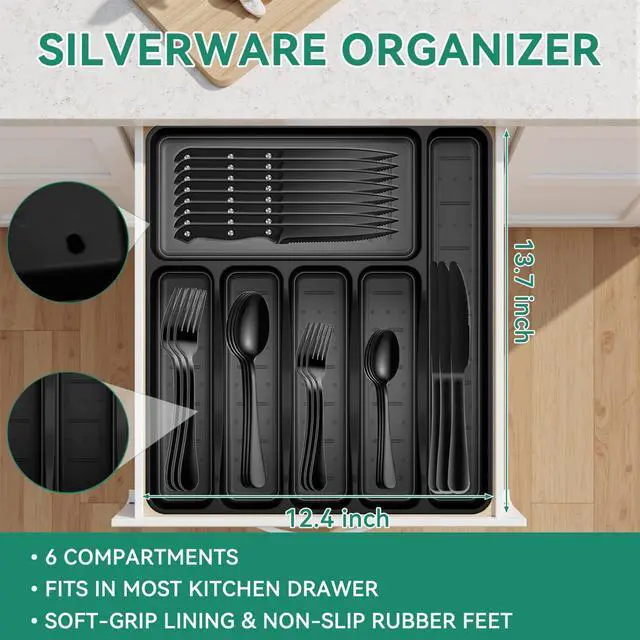 Alt view image 3 of 7 - 49 Pieces Black Silverware Set with Steak Knives, Stainless Steel Silverware with Organizer Flatware Utensils Set for 8, Forks and Spoons Silverware Set Cutlery Set