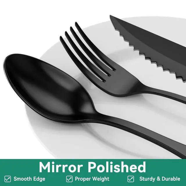 Alt view image 6 of 7 - 49 Pieces Black Silverware Set with Steak Knives, Stainless Steel Silverware with Organizer Flatware Utensils Set for 8, Forks and Spoons Silverware Set Cutlery Set