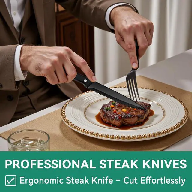 Alt view image 4 of 7 - 49 Pieces Black Silverware Set with Steak Knives, Stainless Steel Silverware with Organizer Flatware Utensils Set for 8, Forks and Spoons Silverware Set Cutlery Set