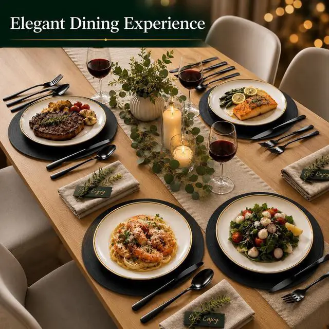 Alt view image 7 of 7 - 49 Pieces Black Silverware Set with Steak Knives, Stainless Steel Silverware with Organizer Flatware Utensils Set for 8, Forks and Spoons Silverware Set Cutlery Set