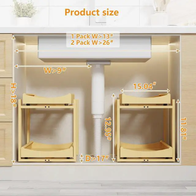 Alt view image 3 of 7 - Bamboo Under Sink Organizer Adjustable Height 2 Tier Bathroom Organizer Pull Out Cabinet Storage Kitchen Heave Duty Wood Slide Ou Shelf for Kitchen Bathroom (Black, 2 Packs) (Nature, 2 Packs)