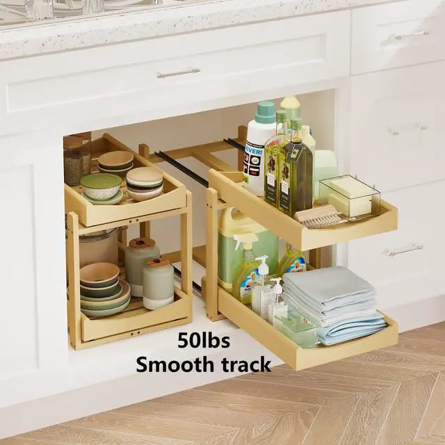 Alt view image 4 of 7 - Bamboo Under Sink Organizer Adjustable Height 2 Tier Bathroom Organizer Pull Out Cabinet Storage Kitchen Heave Duty Wood Slide Ou Shelf for Kitchen Bathroom (Black, 2 Packs) (Nature, 2 Packs)