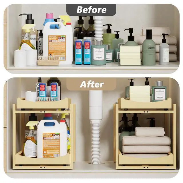 Alt view image 5 of 7 - Bamboo Under Sink Organizer Adjustable Height 2 Tier Bathroom Organizer Pull Out Cabinet Storage Kitchen Heave Duty Wood Slide Ou Shelf for Kitchen Bathroom (Black, 2 Packs) (Nature, 2 Packs)