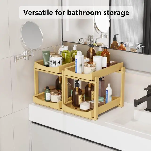 Alt view image 6 of 7 - Bamboo Under Sink Organizer Adjustable Height 2 Tier Bathroom Organizer Pull Out Cabinet Storage Kitchen Heave Duty Wood Slide Ou Shelf for Kitchen Bathroom (Black, 2 Packs) (Nature, 2 Packs)