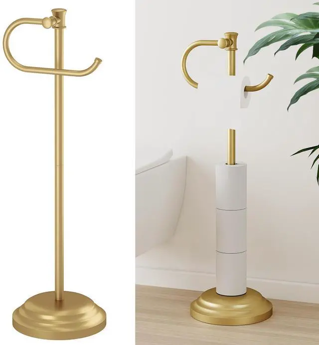 Main image of 25" Toilet Paper Roll Tissue Holder Free Standing with Shelf Storage Stand for 4 Rolls, Freestanding Hardware Accessories Rack Brushed Gold