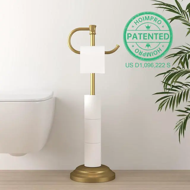 Alt view image 2 of 7 - 25" Toilet Paper Roll Tissue Holder Free Standing with Shelf Storage Stand for 4 Rolls, Freestanding Hardware Accessories Rack Brushed Gold