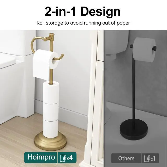 Alt view image 3 of 7 - 25" Toilet Paper Roll Tissue Holder Free Standing with Shelf Storage Stand for 4 Rolls, Freestanding Hardware Accessories Rack Brushed Gold