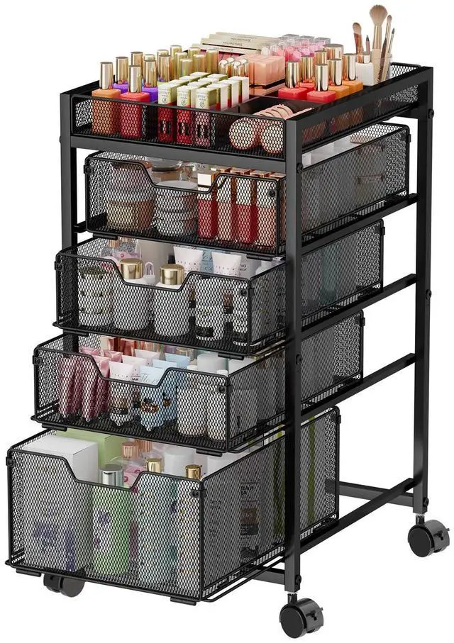 Main image of 5-Tier Rolling Makeup Cart Organizer with 4 Drawers, Cosmetics Display with Dividers, Floor Skincare Storage with Wheels, Versatile Vanity Organizer for Nail Polish Perfume Brush Hair Tool, Black