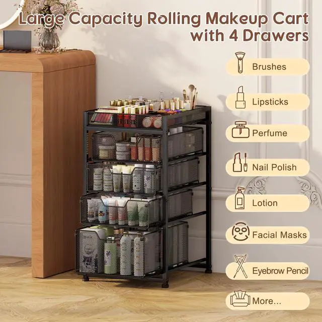 Alt view image 2 of 7 - 5-Tier Rolling Makeup Cart Organizer with 4 Drawers, Cosmetics Display with Dividers, Floor Skincare Storage with Wheels, Versatile Vanity Organizer for Nail Polish Perfume Brush Hair Tool, Black