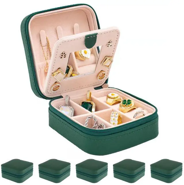 Main image of Travel Jewelry Case with Mirror - Small Organizer Box for Girls & Women (Green-5)
