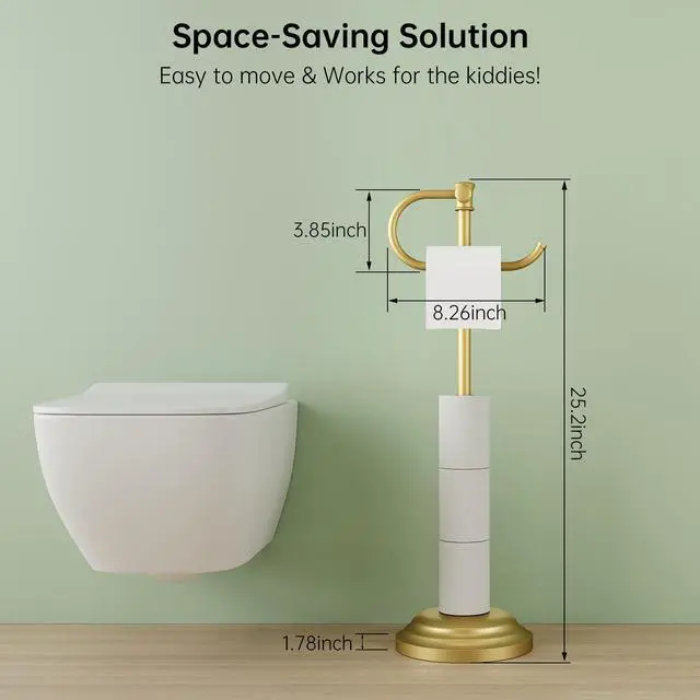 Alt view image 7 of 7 - 25" Toilet Paper Roll Tissue Holder Free Standing with Shelf Storage Stand for 4 Rolls, Freestanding Hardware Accessories Rack Brushed Gold