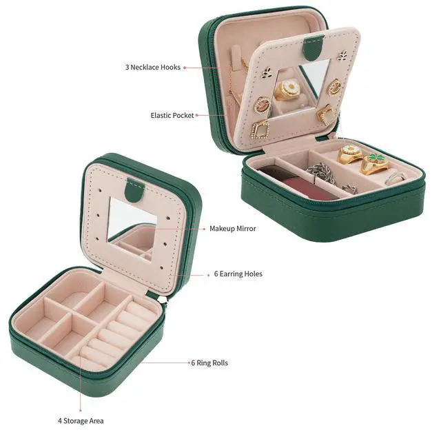 Alt view image 5 of 7 - Travel Jewelry Case with Mirror - Small Organizer Box for Girls & Women (Green-5)