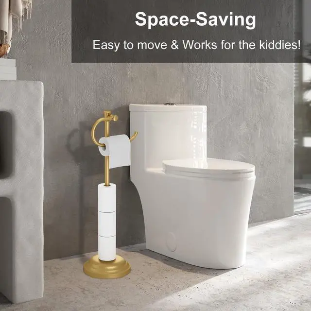 Alt view image 6 of 7 - 25" Toilet Paper Roll Tissue Holder Free Standing with Shelf Storage Stand for 4 Rolls, Freestanding Hardware Accessories Rack Brushed Gold