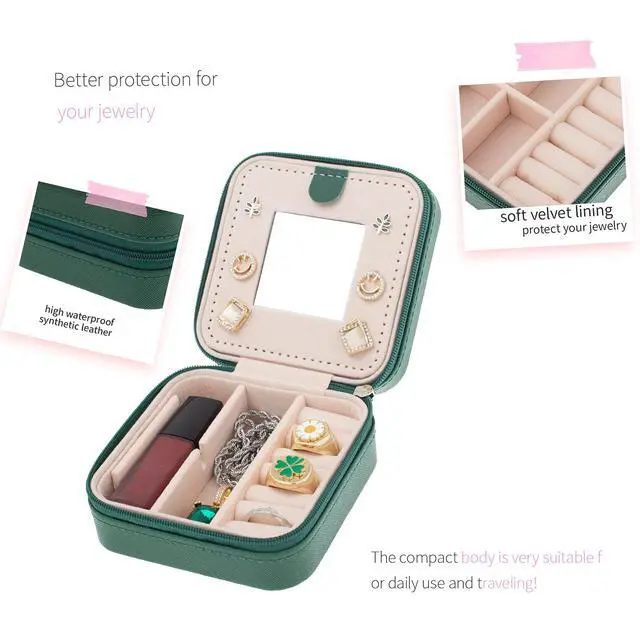 Alt view image 6 of 7 - Travel Jewelry Case with Mirror - Small Organizer Box for Girls & Women (Green-5)