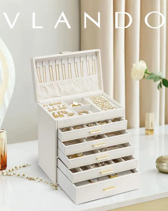Alt view image 2 of 7 - 6 Layer Large Jewelry Box - Jewelry Holder Organizer, Jewelry Box Organizer for Drawer Necklace Ring Bracelet and Watch, Birthday Gift for Loved Ones - Beige
